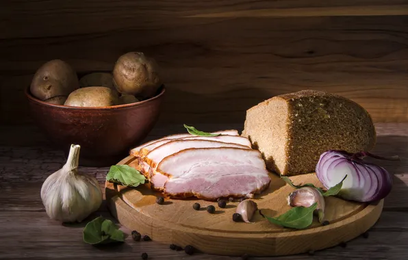 The dark background, food, bread, meat, still life, cutting, garlic, potatoes