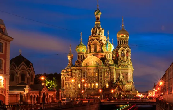 Saint Petersburg, temple, Russia, night city, Church of the Savior on Blood