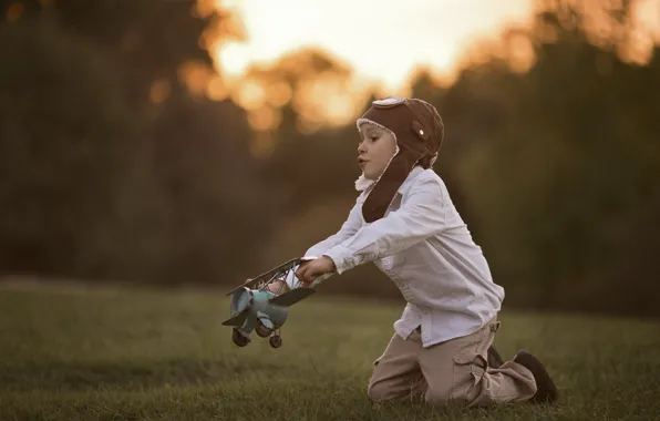 Picture grass, nature, the game, boy, child, airplane, Larisa Korsikova