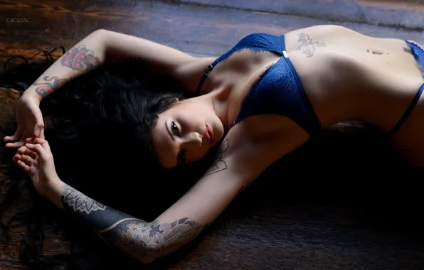 Look, blue, pose, panties, makeup, figure, brunette, tattoo