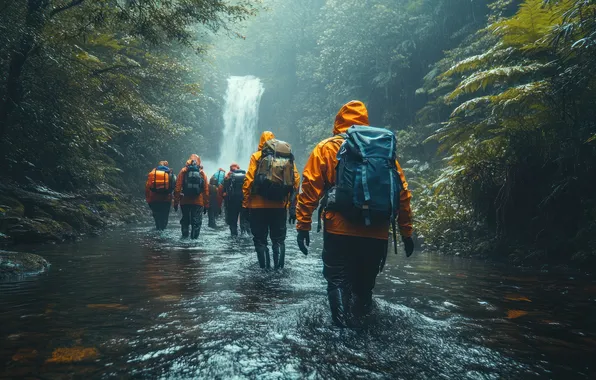 Forest, trees, fog, river, people, branch, people, waterfall