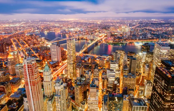 River, building, New York, panorama, bridges, night city, Manhattan, skyscrapers