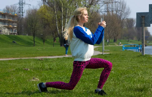 Beautiful, exercise, blonde, natural, concentration, lean, public, sidewalk