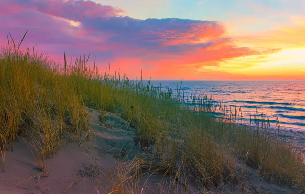 Picture sand, sea, autumn, the sky, grass, clouds, shore, glow