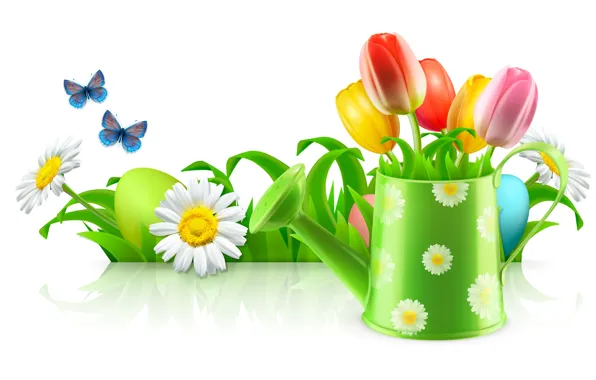 Butterfly, eggs, Easter, tulips, lake