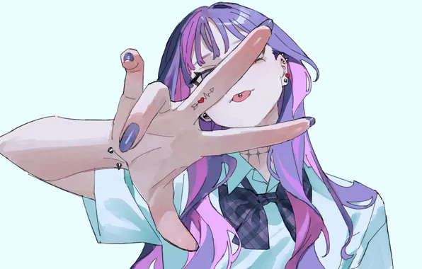 Piercing, schoolgirl, bow, long hair, blue background, white blouse, lilac hair, gesture V