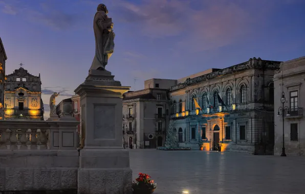 Night, Italy, Sicily, Siracusa, Piazza Duomo