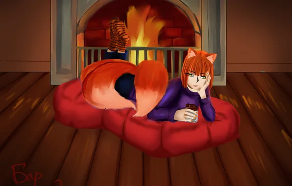 Fire, Fox, red, girl, fireplace, fox, anime, schokolad