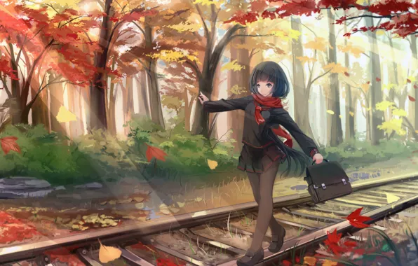 Autumn, leaves, girl, trees, the way, anime, art, form