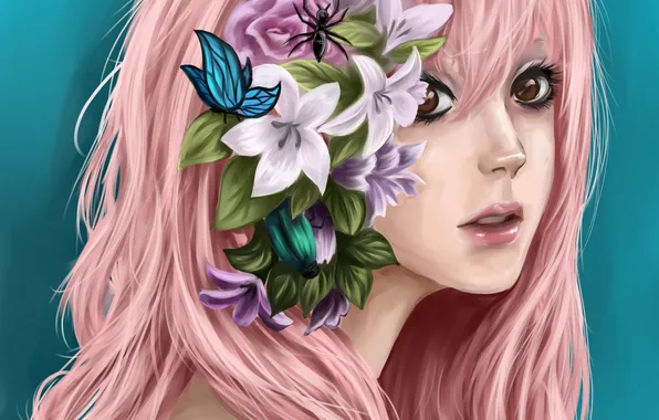 Picture girl, flowers, beetle, art, pink hair