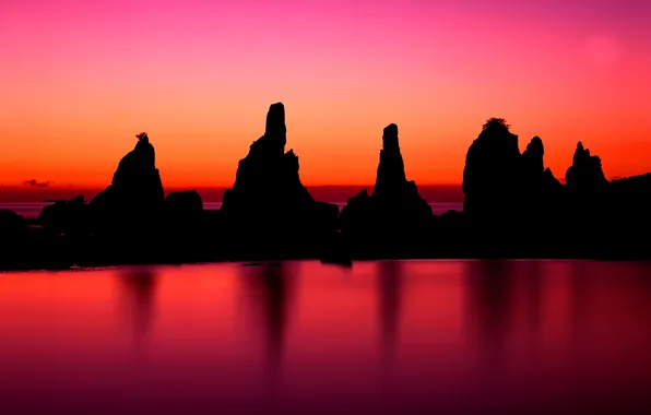 The sky, sunset, lake, rocks