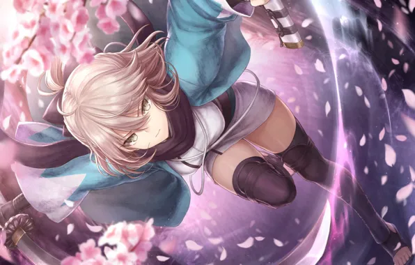Girl, anime, katana, sakura, ken, blade, kimono, bishojo