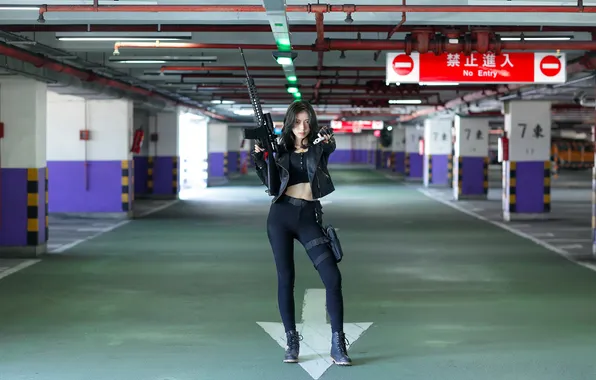 Girl, weapon, beautiful, model, brunette, asian
