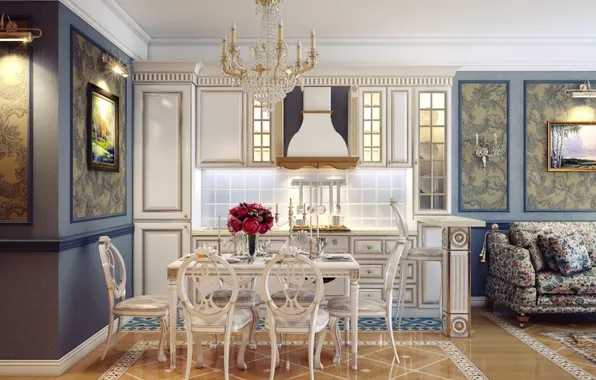 Picture design, table, room, interior, chair, chandelier, dining room
