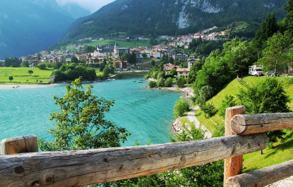 Forest, trees, mountains, lake, home, Italy, Molveno