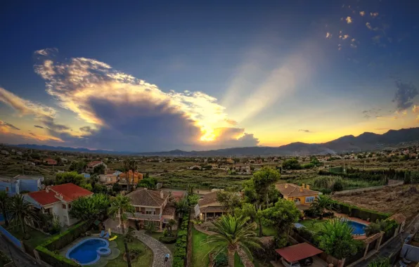 Picture the sky, clouds, trees, sunset, valley, houses, Spain, pools