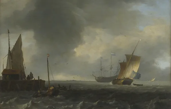 Landscape, ship, picture, sail, Ludolf Bakhuizen, Ludolf Bakhuizen, River view near Dordrecht