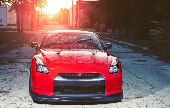Picture sunset, red, nissan, red, Nissan, sunset, gtr, the front