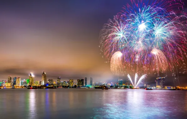The sky, night, the city, lights, coast, salute, yacht, boat