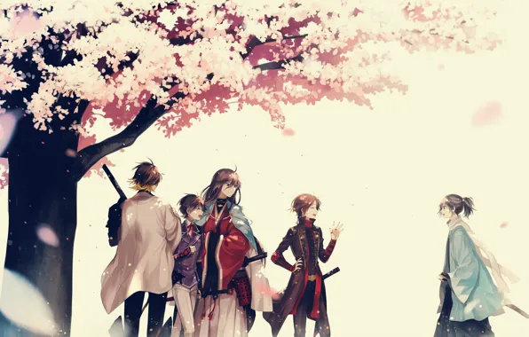 Guys, friends, smile, military uniform, katana, the trunk of the tree, Touken Ranbu, Dance Of …