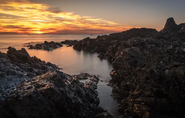 Picture sea, clouds, landscape, sunset, nature, stones, rocks, shore
