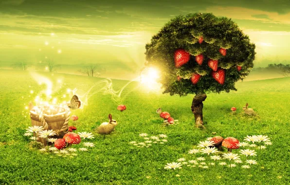 Picture tree, mushrooms, Green, strawberry, rabbits