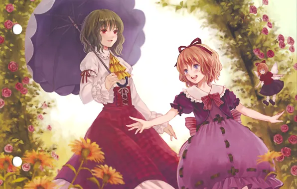 Joy, roses, umbrella, arch, bow, green hair, touhou, art
