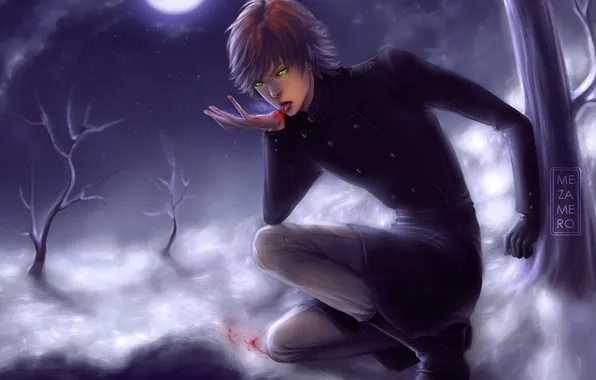 Picture snow, trees, night, the moon, blood, guy, art, mezamero