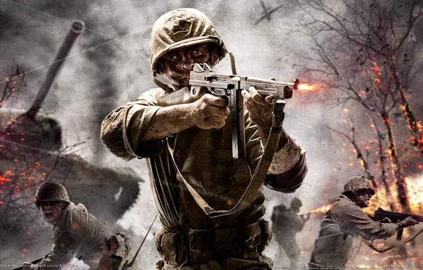 Soldiers, tank, shooting, call of duty, the second world war, thompson, world at war, Thompson