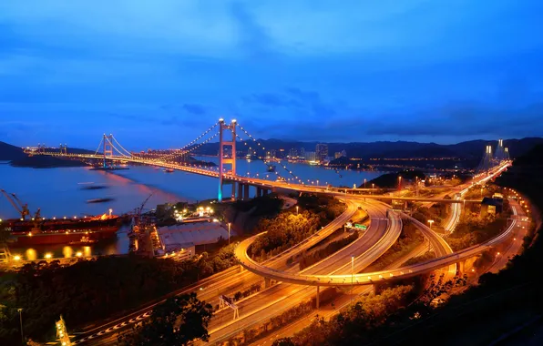 The sky, mountains, night, bridge, lights, hong kong, Hong Kong, tsing ma bridge