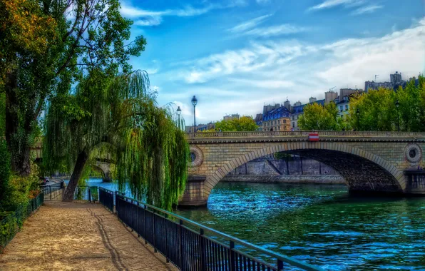 Trees, river, France, Paris, home, lights, channel, bridges