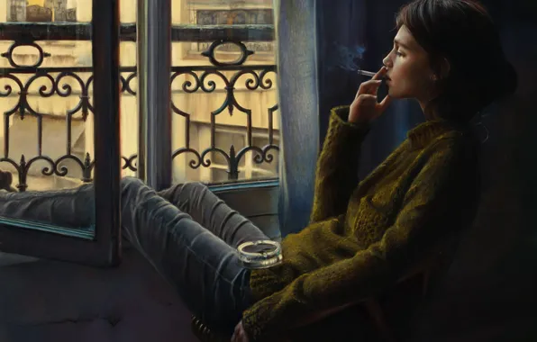 Girl, window, art, cigarette, smokes, ashtray