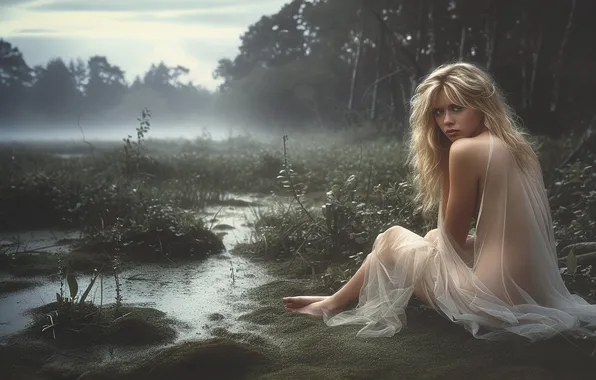 Forest, look, girl, nature, pose, fog, shore, back