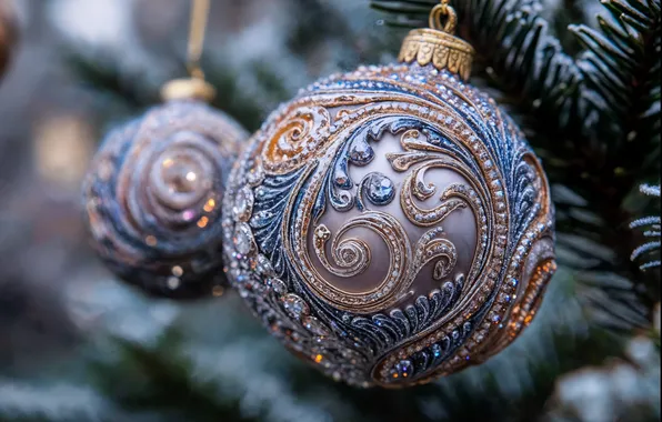 Balls, balls, pattern, branch, ball, Christmas, New year, needles