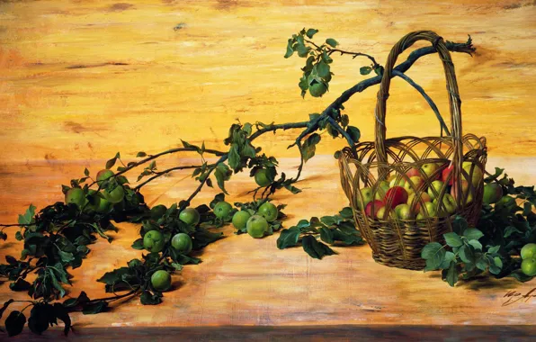 Basket, picture, fruit, still life, Yuri ARSENYUK, Broken Apple Tree Branch