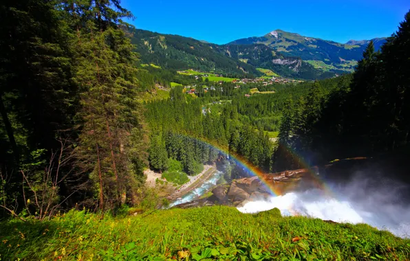 Forest, mountains, rainbow, Austria, valley, village, panorama, Austria