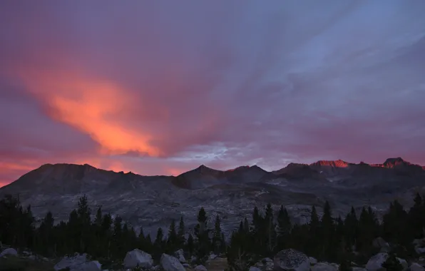 Picture the sky, clouds, trees, sunset, mountains, nature, stones, rocks