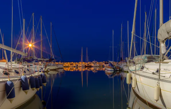 Night, lights, Bay, yachts, boats
