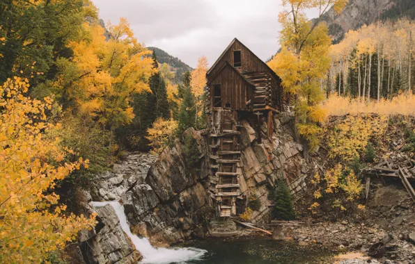 Picture autumn, forest, trees, nature, rock, river, house, hut