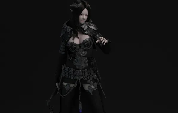 Picture girl, the dark background, weapons, armor, ears, render
