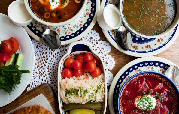 Food, soup, serving, pickles