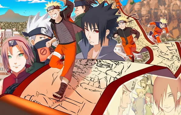 Naruto, art, Sasuke Uchiha, Sakura Haruno, Nagato, Haku, Uzumaki Naruto, Minato