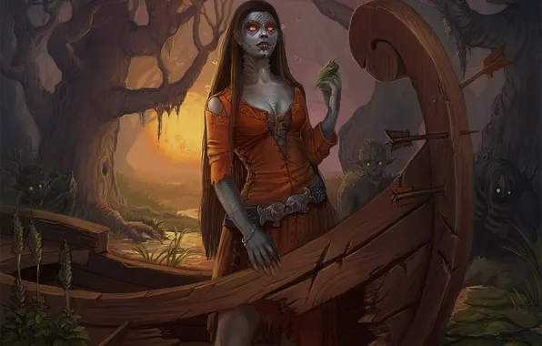 Girl, trees, pattern, boat, swamp, frog, monster, hole