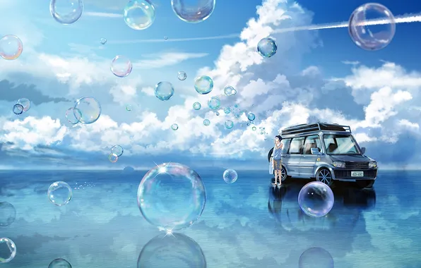Machine, the sky, water, clouds, reflection, bubbles, anime, art