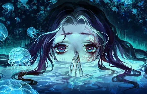 Eyes, water, girl, anime, art, jellyfish, silverwing