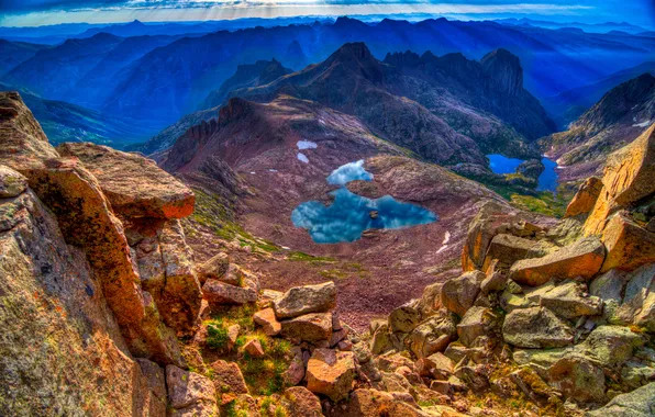 Picture the sky, water, clouds, landscape, reflection, rocks, view, Nature