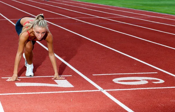 Girl, running, blonde, athlete, stadium