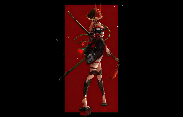 Picture red, girl, sword, fantasy, black, horns, legs, minimalism