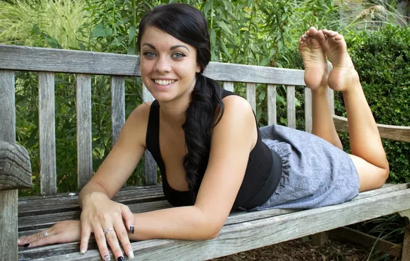 Girl, bench, smile, skirt, barefoot, brunette, lies, blouse