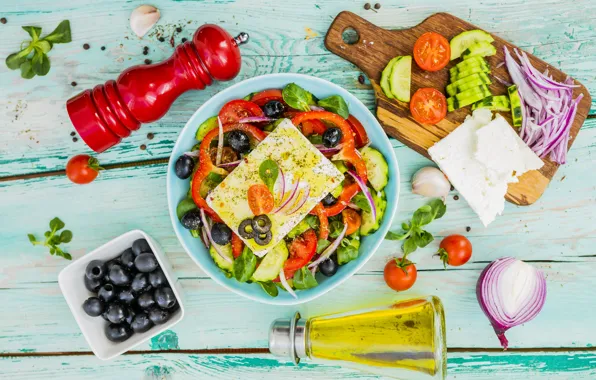 Vegetables, olives, spices, Greek salad, feta cheese